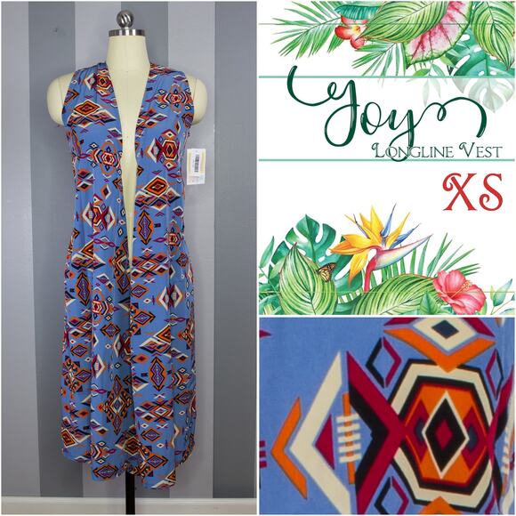 LuLaRoe Joy Vest XS Blue Orange Red Black Aztec Geo Longline Duster Coverup - Picture 8 of 8